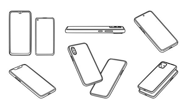 Smartphone and Mobile Phone Outline Vector Icon Set with Multiple Angles and Perspectives for App Wireframes, Tech Interfaces, and Device Mockups
