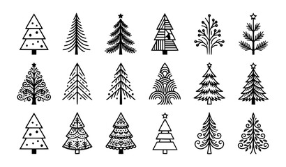 Obraz premium Stylized Christmas Tree Icon Set Featuring Minimalist Holiday Evergreen Designs, Festive Winter Symbols, and Decorative Seasonal Vector Collection