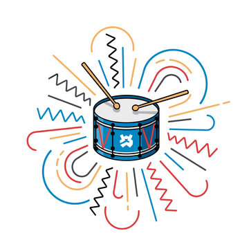 Vibrant abstract art illustration of a drum and drumsticks creating rhythmic music pattern background