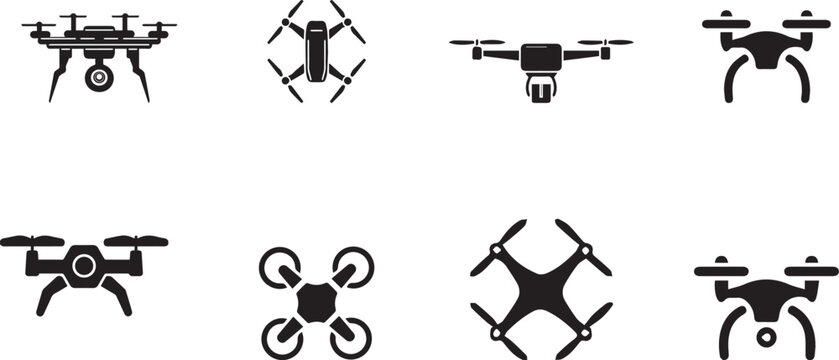 Drone icons, vector drone symbols, black drone graphics, aerial vehicle illustrations, 8 drone set