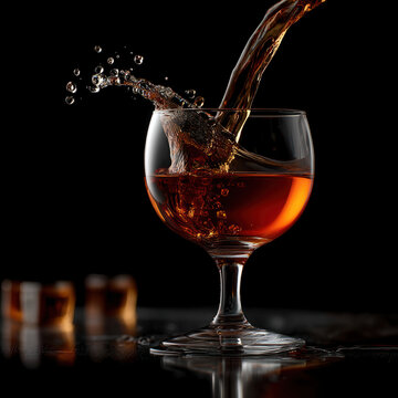 Clear glass glass with short stem pou dark liquid beverage on black background with splash effect