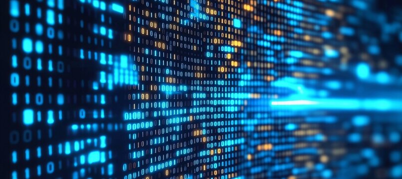 Futuristic Digital Data Array with Binary Code Matrix and Glowing Pixelated Background Design