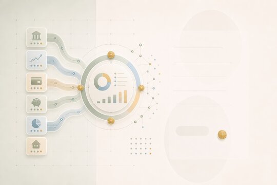 Data visualization analysis flowchart illustration with interconnected modules and statistical graphics