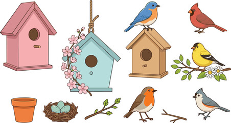 Wooden Birdhouse and Garden Bird Vector Icon Set Featuring Bluebird, Cardinal, Goldfinch, Robin, Nest, and Spring Blossom Elements for Nature Designs © Ismail