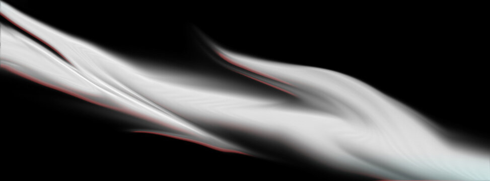 An abstract background featuring smooth, flowing white and gray wavy shapes with subtle red outlines, set against a deep black backdrop. The composition creates a sense of dynamic motion and elegant f