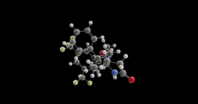 Rolapitant molecule, rotating 3D model of antiemetic agent, looped video on a black background

