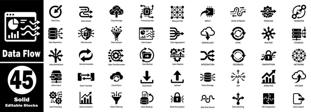 Data flow icons set. Comprehensive collection of 45 solid vector icons focused on data flow management and digital information infrastructure. Vector Illustration.