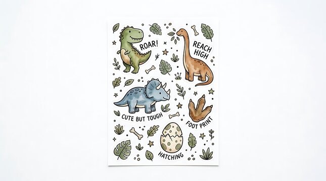 Dinosaur Friends Sticker Sheet: A playful collection of whimsical watercolor illustrations featuring three friendly dinosaurs, a hatching egg, a dinosaur footprint, and botanical elements.