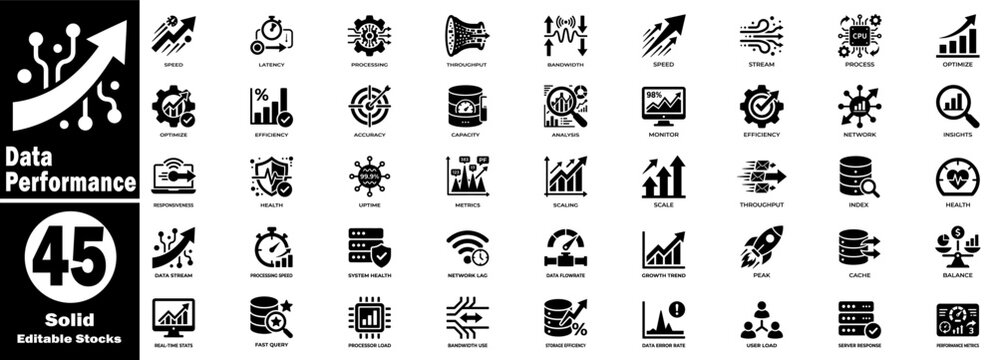 Data performance solid icons set. Business and technology applications showing speed and efficiency metrics. Vector Illustration.