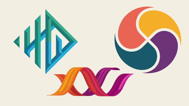 Colorful abstract symbols and D N A helix on white background