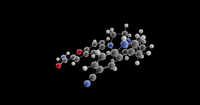 Vilazodone molecule, rotating 3D model of antidepressant, looped video on a black background
