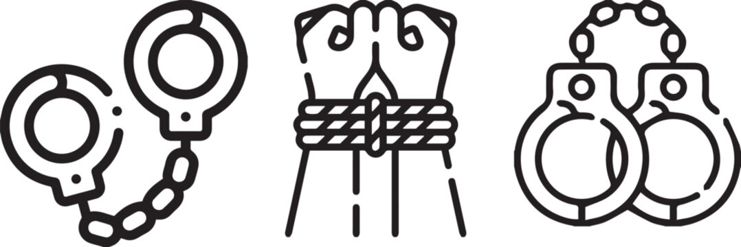 Handcuffs, bound hands, police arrest icons, black line art, crime symbols, vector graphics
