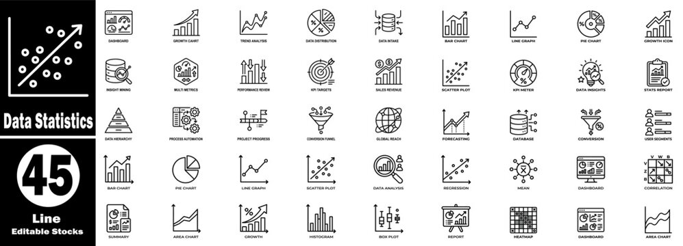 Data statistics line editable icons set. Featuring analytics, business, and finance charting tools. Vector Illustration.