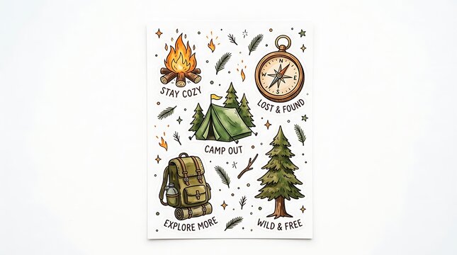 Camping Adventure Collection: A vibrant collection of hand-drawn illustrations featuring camping essentials like a tent, backpack, campfire, compass, and trees.