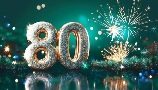 Vibrant Festive Celebration Featuring Number 80 with Emerald Green Backdrop and Fireworks Display