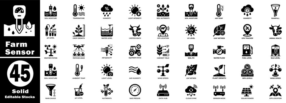 Farm Sensor solid vector icons. Showing agricultural sensor equipment for smart farming and precision analytics. Vector Illustration.
