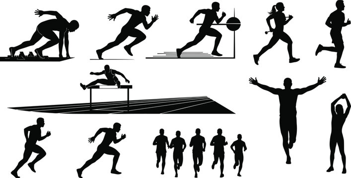 Running silhouette icon set, track athlete, sprinter start, hurdler jump, finish line victory, jogging group, stretching pose, sport motion, vector illustration, black pictogram