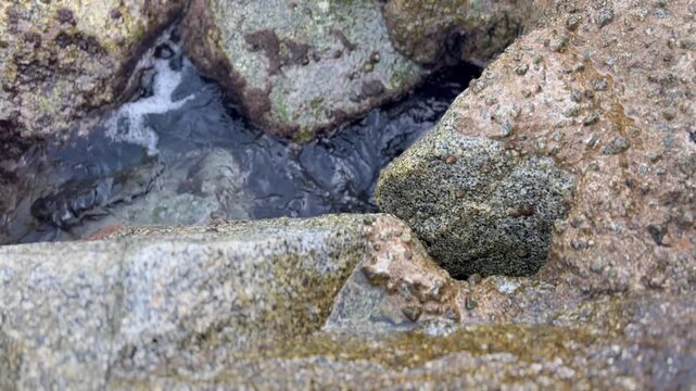 Rocas en la playa expulsando agua y aire por un orificio