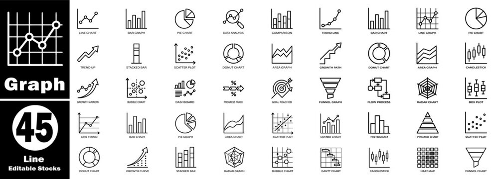 Graph solid editable stock icons for data analysis and business charts. Vector Illustration.
