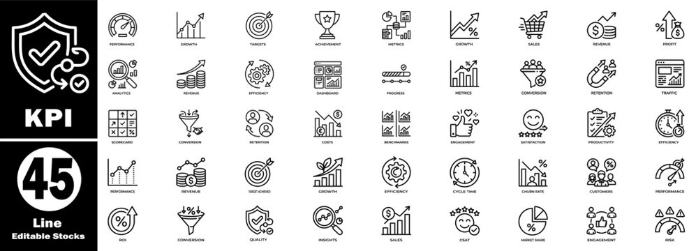 Kpi performance line icon set. Featuring a business metrics dashboard, analytics growth strategy, and success tracking vector graphic. Vector Illustration.