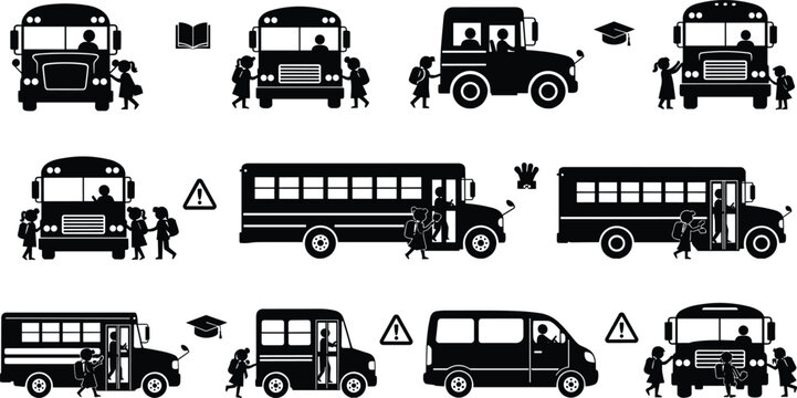 School transportation silhouette icon set, children boarding, educational commute, school bus, student safety, vector illustration, black pictogram, academic graphic