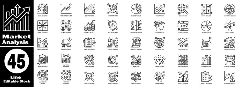 Market analysis outline icons set. Featuring business research trend forecasting, competitive intelligence, and consumer demographics. Vector Illustration.