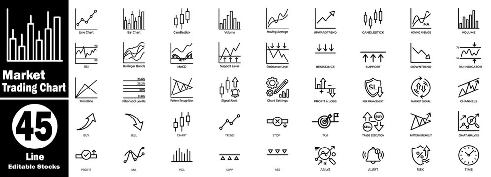 Market trading chart, line editable stocks, modern flat icon designs, vector illustration, set of 45 icons for web and mobile. Vector Illustration.