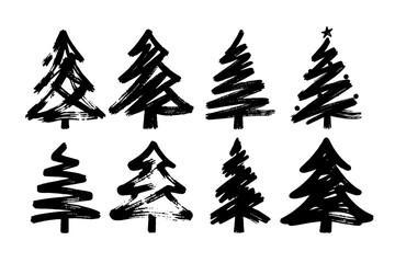 Obraz premium Collection of abstract Christmas tree icons drawn in black brushstroke style on white background, concept of festive minimal art design