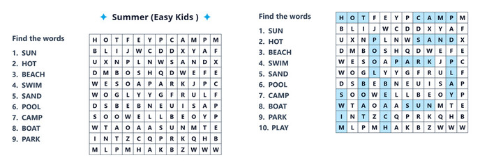 Summer word search kids printable with highlighted answers word list on side and letter grid easy learning activity for kids