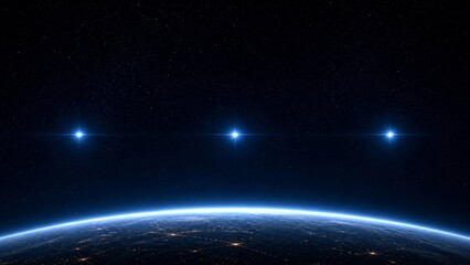 Earth's curvature at night with three bright stars suspended in space © eliot