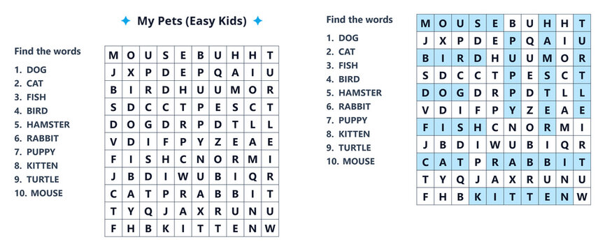 Pet word search puzzle sheet with highlighted answers word list on side and letter grid easy learning activity for kids