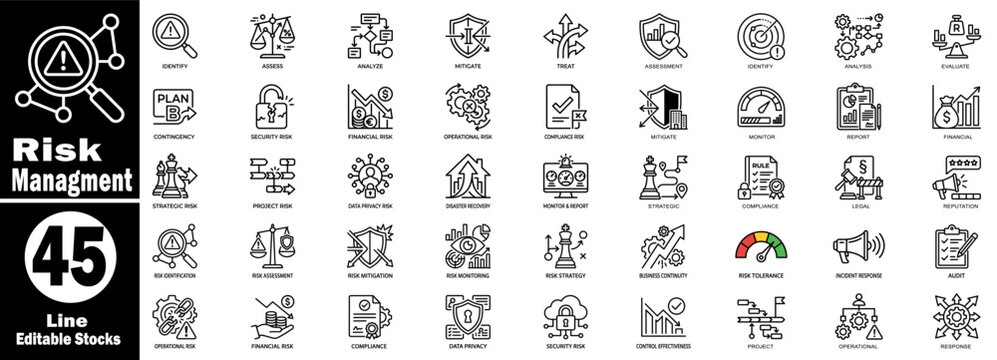 Risk management line icons. Depicting business contingency security planning, compliance audit assessment strategies. Vector Illustration.