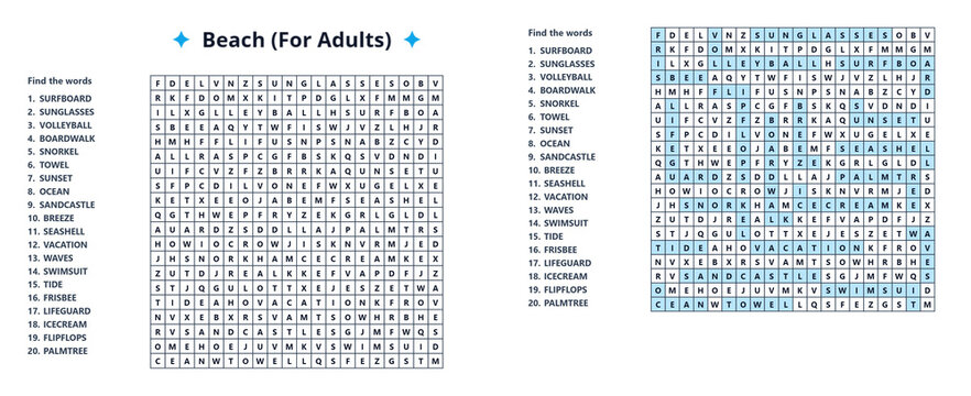 Beach word search puzzle activity with highlighted answers word list on side and letter grid challenging mental game for adults