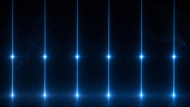 Deep blue cosmic background with six vertical light beams radiating downward
