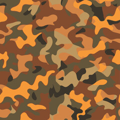 Naklejka premium Orange and green autumn camouflage seamless pattern. Woodland camo vector texture for hunting apparel, outdoor fashion, military uniform or tactical survival gear. Abstract background.