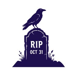 Obraz premium Black raven sitting on RIP tombstone vector illustration