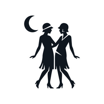 Silhouette of two flapper women dancing under a crescent moon