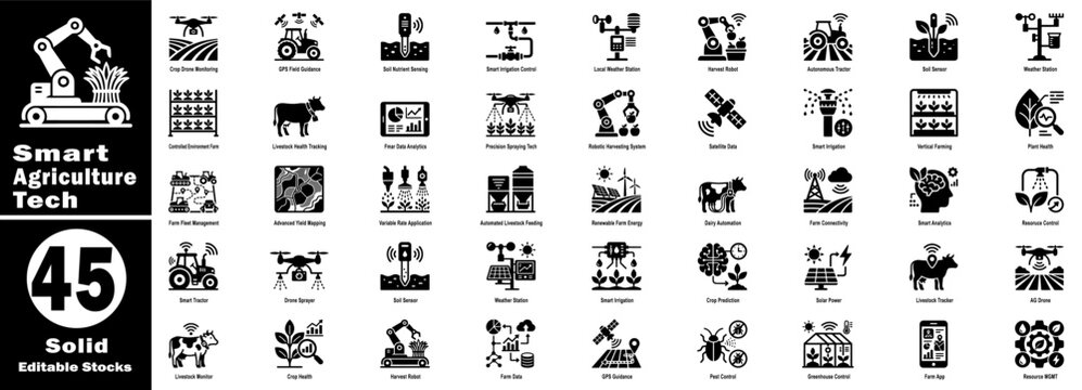 Smart agriculture tech solid icons. Showing the Internet of things, drone monitoring, gps field guidance, soil nutrient density. Vector Illustration.