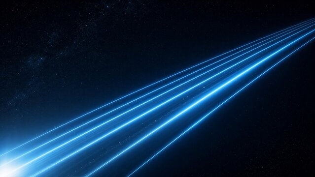 Deep space blue light beams tracing trajectories against a nebula cosmic background