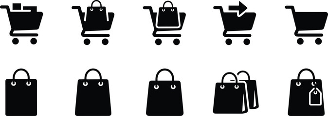 Shopping cart silhouettes, e‑commerce icons, retail bag vector set, checkout pictograms, online shopping design illustration for digital marketplace © MSTMISLA