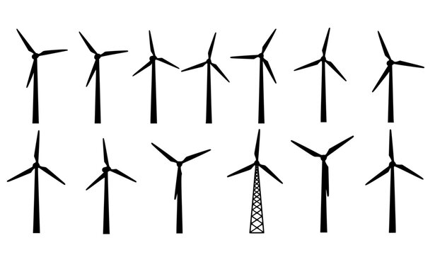 Wind Turbine Silhouette Icon Set for Renewable Green Energy Concepts, Sustainability Industry Infographics, Eco Friendly Ecology Presentation Visuals, and Environmental Power Generator Graphics