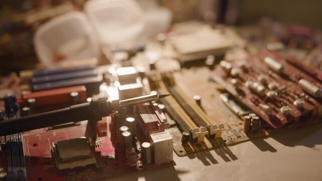 Electronic components and circuit boards on a workbench