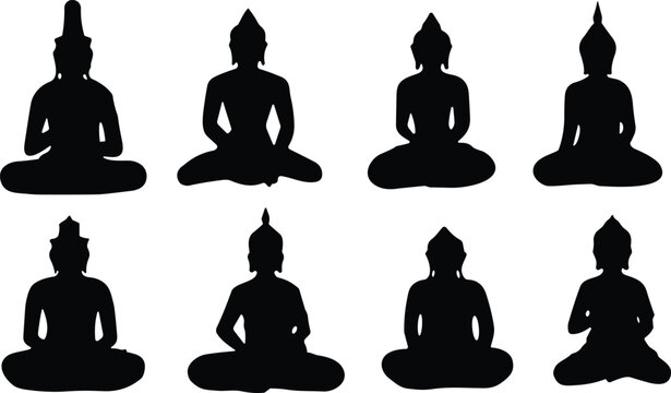 Silhouette Buddha figures in meditation, spiritual iconography collection, eight artistic religious illustrations representing cultural Buddhist art and peaceful mindfulness