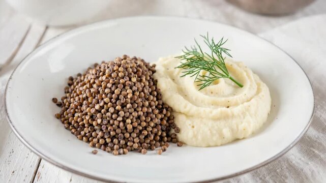 A plate of healthy food featuring mashed potatoes garnished with dill and a side of brown seeds on a wooden surface.