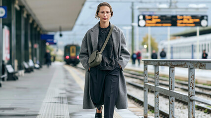 Fototapeta premium Young woman confidently walking on a train station platform, wearing a stylish gray coat. Modern urban commute and travel concept