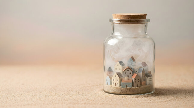Miniature houses with misty clouds inside a corked glass jar, resting on a textured sand surface, symbolizing fragile communities and the concept of a dream home