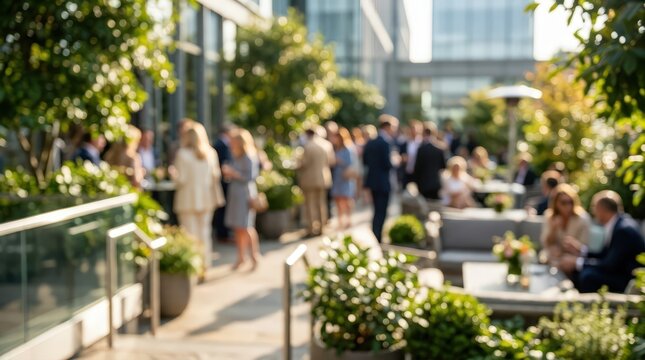 Blurred business event outdoor corporate networking background rooftop terrace garden party professional crowd lounge people gathering office