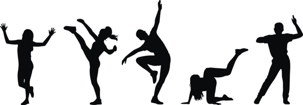 Silhouette dancers performing expressive poses, artistic collection of five creative figures showcasing diverse dance styles, movement, rhythm, and cultural expression