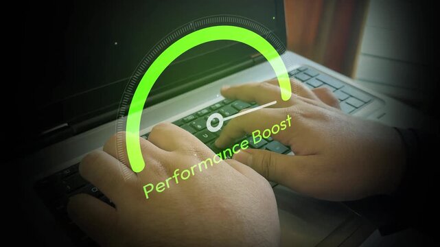 Hands typing on laptop keyboard with performance boost gauge overlay in digital technology 4k animation