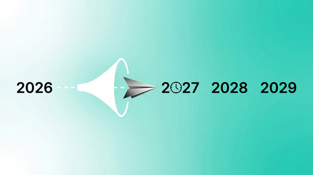 Paper plane flying through a funnel towards the year 2027 with a clock icon, symbolizing time management, planning, and future goals